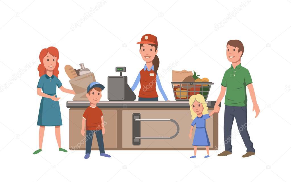 Cashier and customers at the cash register in convenience store. Family buying food in supermarket. Flat vector illustration. Isolated on white background.