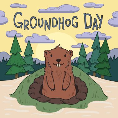 Groundhog day. Cute groundhog looking out from the burrow on picturesque pine forest and morning sky background. Line vector illustration. Colored cartoon style clipart