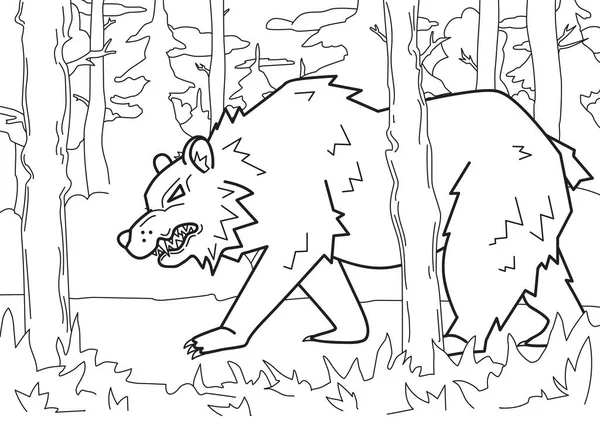 Ours en colère marchant dans la forêt. Illustration vectorielle de contour pour livre à colorier, style dessin animé. Horizontal — Image vectorielle