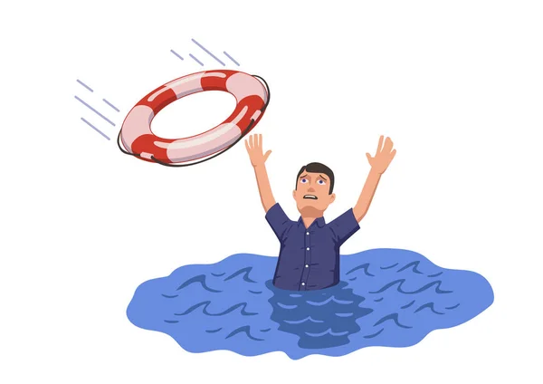 Um homem a afogar-se na água a tentar apanhar a bóia salva-vidas. Segurança e ajuda urgente. Resque necessário. Ilustração vetorial plana. Isolados . — Vetor de Stock