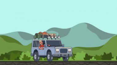 Hareketli araba bagaj çatı ve yeşil vadi boyunca sürme direksiyonuna gülümseyen adam ile. Araç dağlık manzara arka plan üzerinde hareket. Düz animasyon.