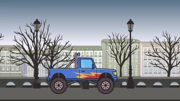 Animierter Riesenrad-Monstertruck, der durch die Herbststadt fährt. fahrender Bigfoot-Truck im Hintergrund des Stadtparks. Flache Animation. — Stockvideo