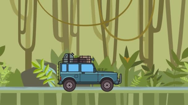 Animated coupe car with luggage on the rear hood riding through rainforest.  Moving hatchback on jungle and river background. Flat animation. — Stock  Video ©  #196480862