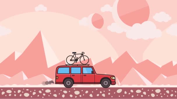 Animerade röd Suv bil med cykel på taket stammen rida genom rosa berg öken bakgrund. Rörliga minibuss på utomjordiska bakgrund. Flat animation. — Stockvideo