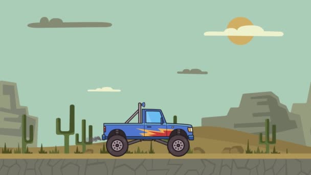 Animated big wheel monster truck riding through canyon desert. Moving bigfoot truck on mountain desert background. Flat animation. — Stock Video