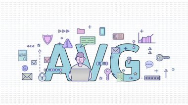 Hollanda Gdpr. Algemene verordening gegevensbescherming. Büyük Avg harflerle internet ve medya semboller arasında bilgisayar kullanıcı. Gdpr, Avg, Dsgvo. Düz vektör çizim. Yatay.