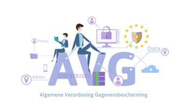 Hollanda Gdpr. Algemene verordening gegevensbescherming. Internet güvenlik sembollerini büyük Avg harflerle üzerinde oturan insanlar. Gdpr, Avg, Dsgvo. Düz vektör çizim. Yatay.