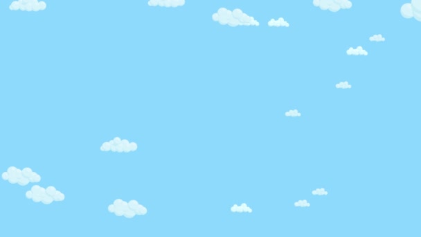 Blue sky full of clouds moving left to right. Cartoon sky background. Flat animation.