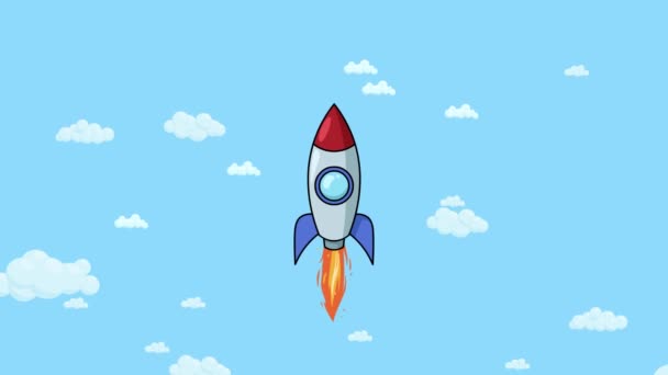 Cartoon rocket ship flying up through cloudy sky. Flat animation — Stock Video