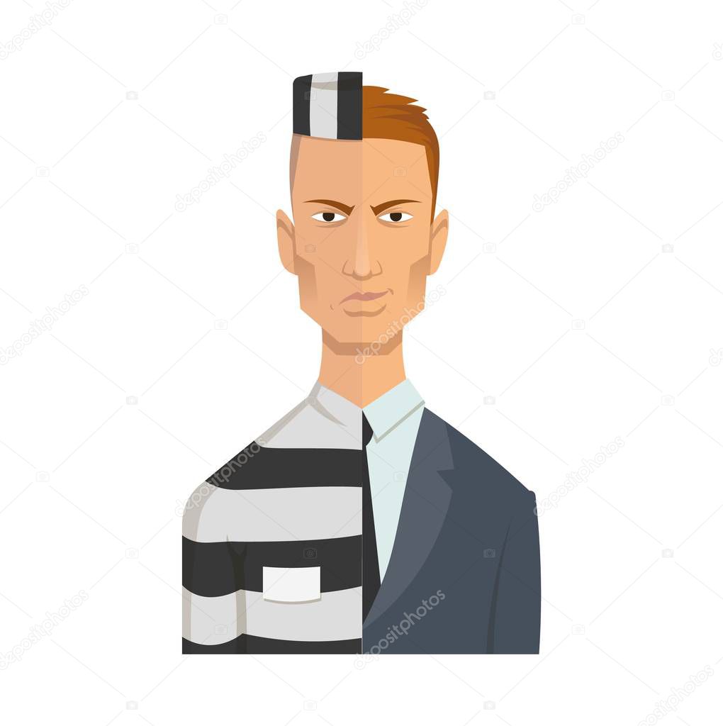 Two-faced corrupt official, businessman, criminal. Double face of corruption. Flat vector illustration. Flat style. Isolated on white background.