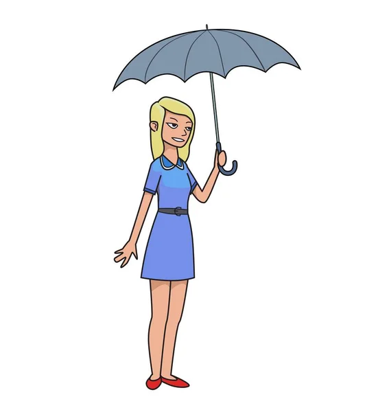 Cute blonde girl with umbrella. Short blue dress, long fair hair. Colored line vector illustration. Isolated on white background — Stock Vector