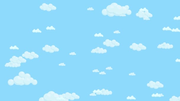 Cielo azul lleno de nubes bajando. Fondo del cielo de dibujos animados. Animación plana . — Vídeos de Stock