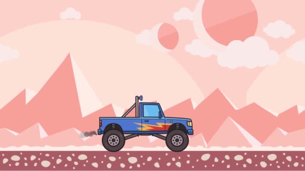 Animovaný veliké kolo monster truck projížděl cizí planetě pouště. Jedoucí náklaďák bigfoot na růžové hoře pouštní pozadí. Plochý animace. — Stock video