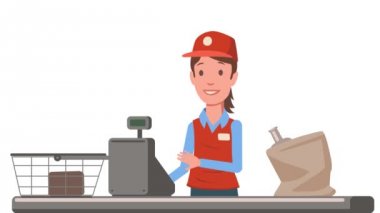 Kasiyer kadın süpermarket satın alma sayaç. Bakkal benidüşündüğünü. Düz animasyon. Beyaz arka plan üzerinde izole.