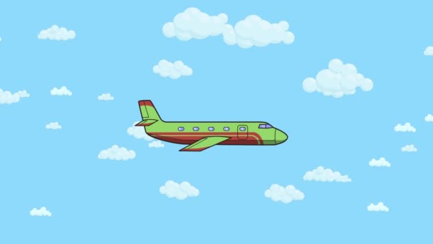 Animated airplane flying through blue sky with white clouds. Flat animation. — Stock Video