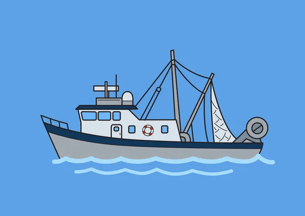 Arrastão de pesca comercial. Ilustração vetorial plana. Isolado em fundo azul . —  Vetores de Stock