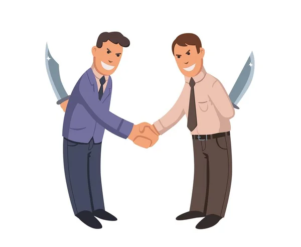 Dos hombres de negocios dándose la mano con cuchillos a sus espaldas. Empresarios-hipócritas. Ilustración vectorial plana. Aislado sobre fondo blanco . — Vector de stock