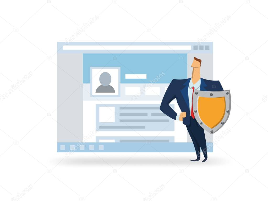 GDPR, AVG, DSGVO, DPO. Man with the shield in front of open browser window. GDPR officer protecting data. Flat vector illustration. Isolated on white background.