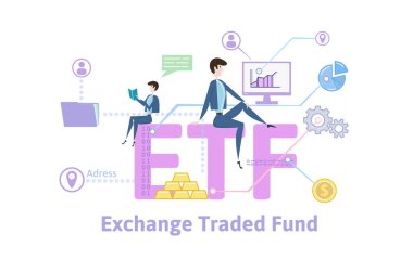 ETF, Satım fonlar ticareti. Kavram tablo anahtar kelimeler, harf ve simgeler. Beyaz arka plan üzerinde renkli düz vektör çizim.