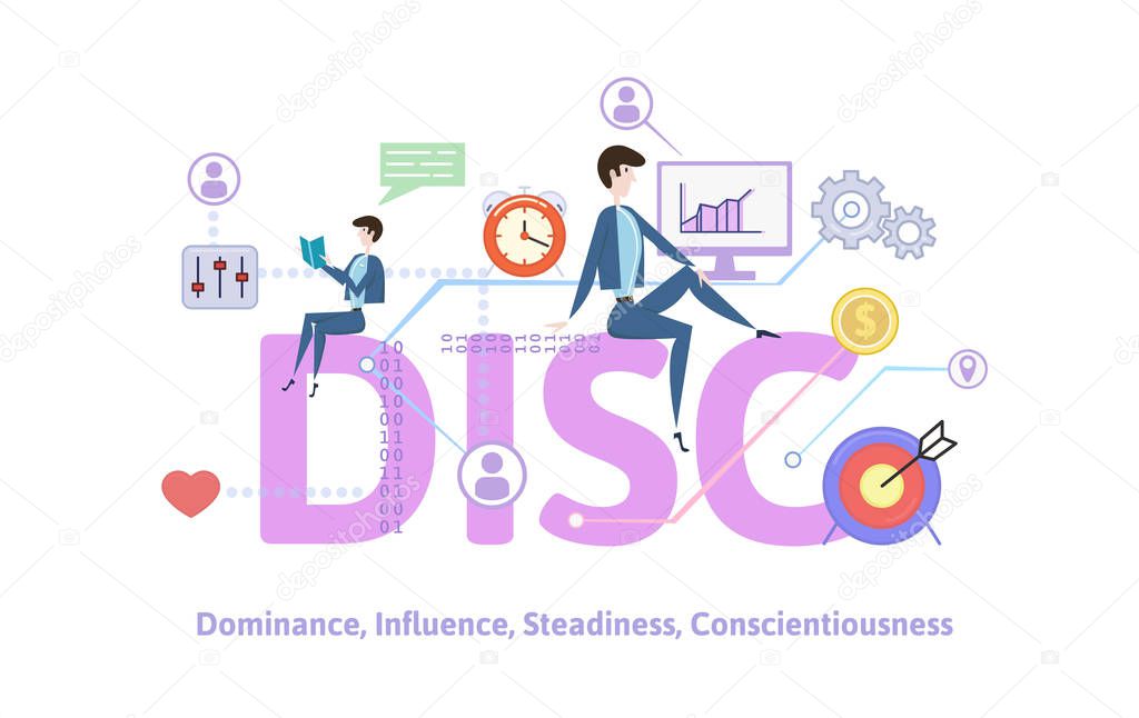 DISC, dominance, influence, steadiness, conscientiousness,Concept table with keywords, letters and icons. Colored flat vector illustration on white background.