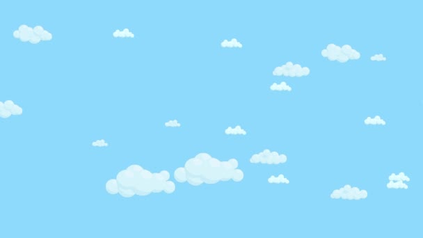 Animated airplane flying in and out on blue sky background with white clouds. Flat animation. — Stock Video