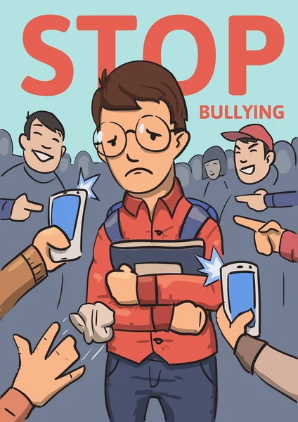 Pára com o cartaz do bullying escolar. Telemóveis e dedos a apontar para o aluno rodeado por rufias ridentes. Ilustração vetorial plana colorida. Vertical — Vetor de Stock