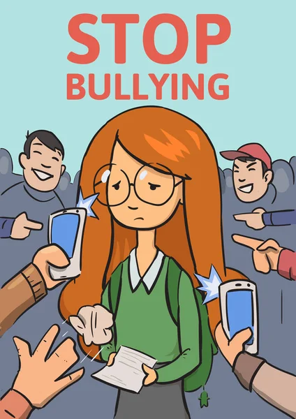 Berhenti sekolah bullying poster. Ponsel dan jari-jari menunjuk gadis sekolah Dikelilingi oleh pengganggu tertawa. Ilustrasi vektor datar berwarna. Vertikal - Stok Vektor