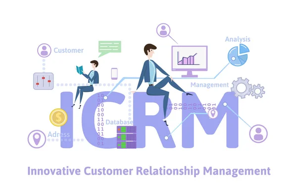 ICRM, gestión innovadora de relaciones con los clientes. Tabla conceptual con palabras clave, letras e iconos. Ilustración vectorial plana en color sobre fondo blanco . — Vector de stock