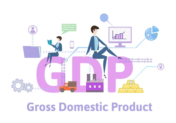 PIB, Producto Interior Bruto. Tabla conceptual con palabras clave, letras e iconos. Ilustración vectorial plana en color sobre fondo blanco . — Vector de stock