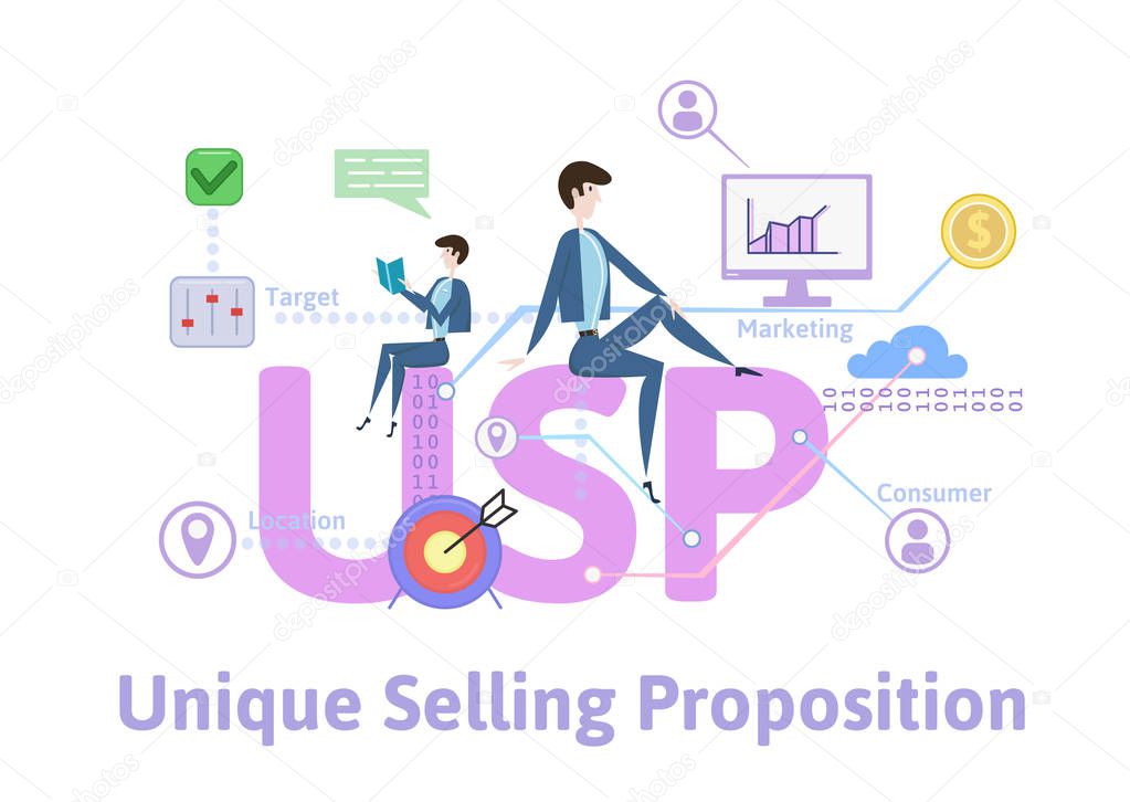 USP, unique selling proposition. Concept table with keywords, letters and icons. Colored flat vector illustration on white background.