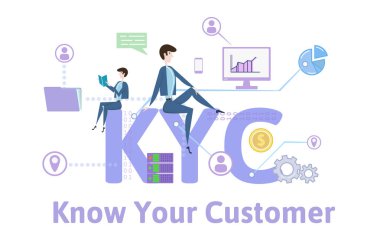 KYC, müşteri biliyorum. Kavram tablo anahtar kelimeler, harf ve simgeler. Beyaz arka plan üzerinde renkli düz vektör çizim.
