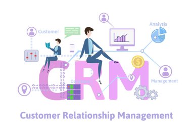 CRM, müşteri ilişkileri yönetimi. Kavram tablo anahtar kelimeler, harf ve simgeler. Beyaz arka plan üzerinde renkli düz vektör çizim.