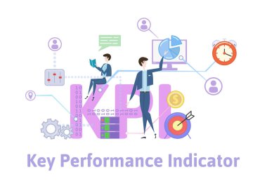 KPI, anahtar performans göstergeleri. Kavram tablo anahtar kelimeler, harf ve simgeler. Beyaz arka plan üzerinde renkli düz vektör çizim.