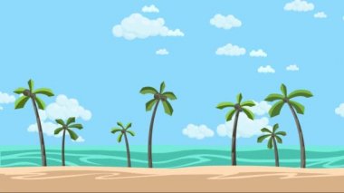 Avuç içi ve bulutlu gökyüzü güneşli plaj. Animasyonlu arka plan. Düz animasyon.