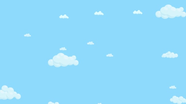 Blue sky full of clouds moving right to left. Cartoon sky background. Flat animation.