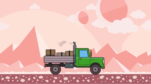 动画片绿色卡车与箱子在树干骑马通过外星人行星沙漠。移动重型汽车在粉红色的山地沙漠背景。平面动画. — 图库视频影像