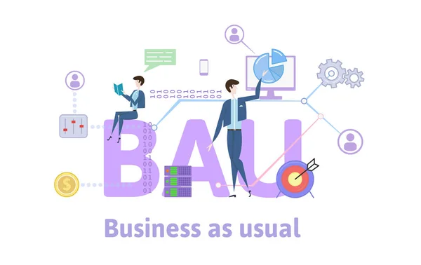 Bau, Business as usual. Concept tabel met zoekwoorden, letters en iconen. Gekleurde platte vectorillustratie op witte achtergrond. — Stockvector