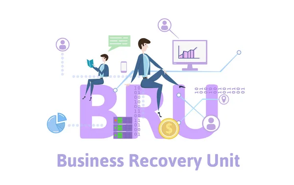 BRU, Business recovery unit. Begreppet bord med sökord, bokstäver och symboler. Färgad platt vektorillustration på vit bakgrund. — Stock vektor