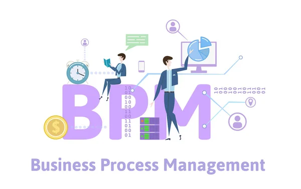 BPM, Business process management. Begreppet bord med sökord, bokstäver och symboler. Färgad platt vektorillustration på vit bakgrund. — Stock vektor
