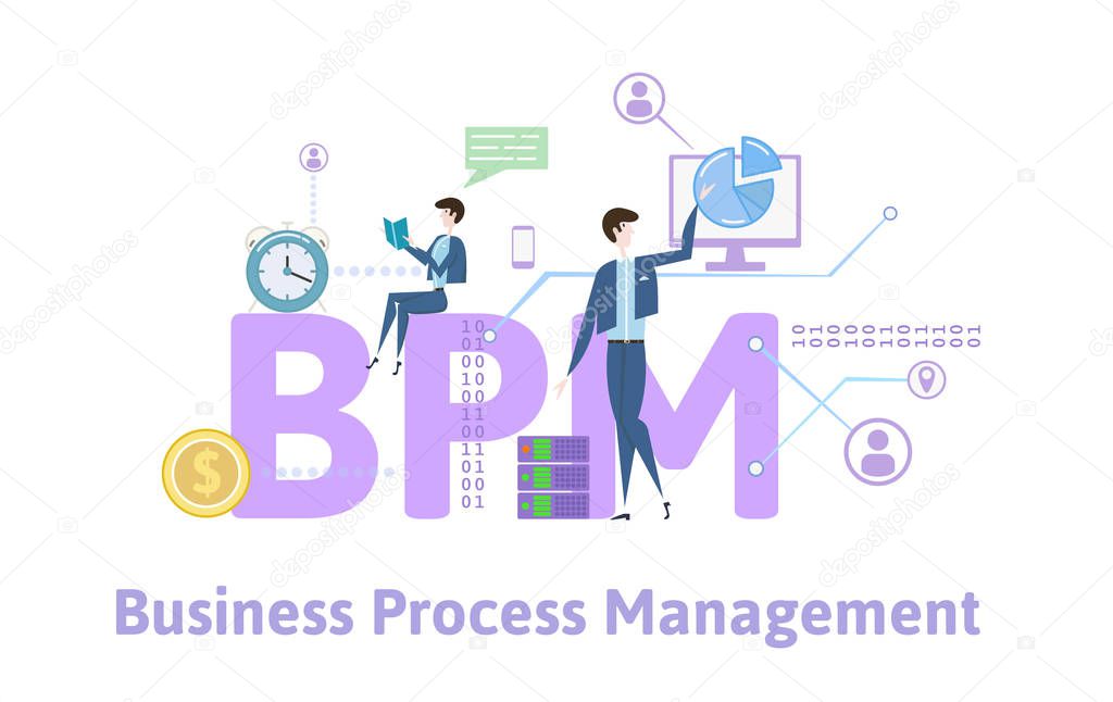 BPM, Business process management. Concept table with keywords, letters and icons. Colored flat vector illustration on white background.