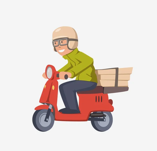 Pizza delivery guy on scooter. Smiling courier with boxes on motorbike. Isolated cartoon character on white background. Flat vector illustration — Stock Vector