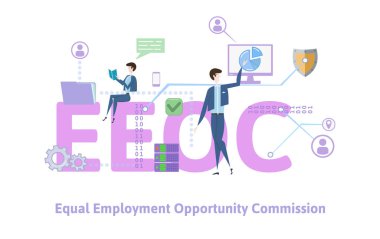 EEOC, eşit istihdam fırsatı Komisyonu. Kavram tablo anahtar kelimeler, harf ve simgeler. Beyaz arka plan üzerinde renkli düz vektör çizim.