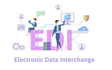 EDI, elektronik veri değişimi. Kavram tablo anahtar kelimeler, harf ve simgeler. Beyaz arka plan üzerinde renkli düz vektör çizim.