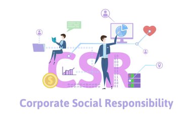 CSR, kurumsal sosyal sorumluluk. Kavram tablo anahtar kelimeler, harf ve simgeler. Beyaz arka plan üzerinde renkli düz vektör çizim.