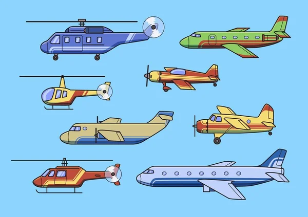 Aviones, conjunto de aviones y helicópteros. Ilustración vectorial plana. Aislado sobre fondo azul . — Vector de stock