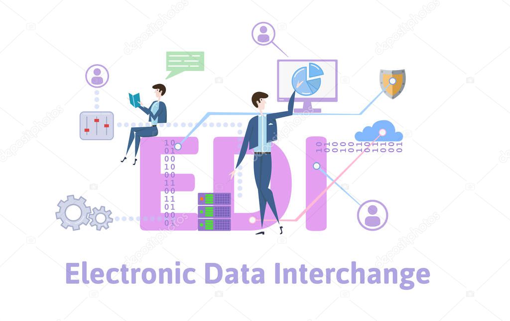 EDI, Electronic Data Interchange. Concept table with keywords, letters and icons. Colored flat vector illustration on white background.