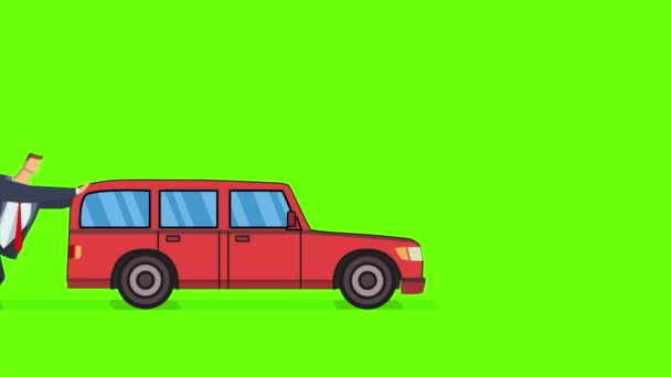 Hombre empujando hacia adelante y corriendo tras coche roto. Animación plana, aislada sobre fondo verde . — Vídeo de stock