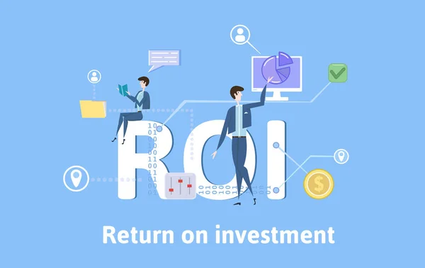 ROI, retorno sobre o investimento. Tabela de conceito com palavras-chave, letras e ícones. Ilustração vetorial plana colorida sobre fundo azul . — Vetor de Stock