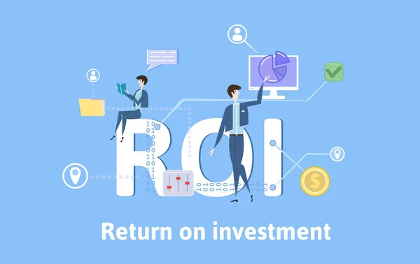 ROI, retorno sobre o investimento. Tabela de conceito com palavras-chave, letras e ícones. Ilustração vetorial plana colorida sobre fundo azul . —  Vetores de Stock