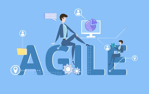 AGILE. Tavola concettuale con parole chiave, lettere e icone. Illustrazione vettoriale piatta colorata su sfondo blu . — Vettoriale Stock